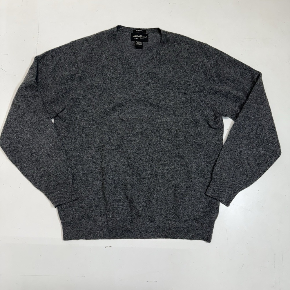 Eddie Bauer Stretch Knit V Neck Sweater Men's Size Large Lambswool Gray